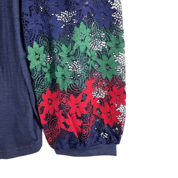 UMGEE Blouse/Shirt/Top Sz Large Navy Blue Floral Lace Balloon Sleeves Red Green - Picture 3 of 8